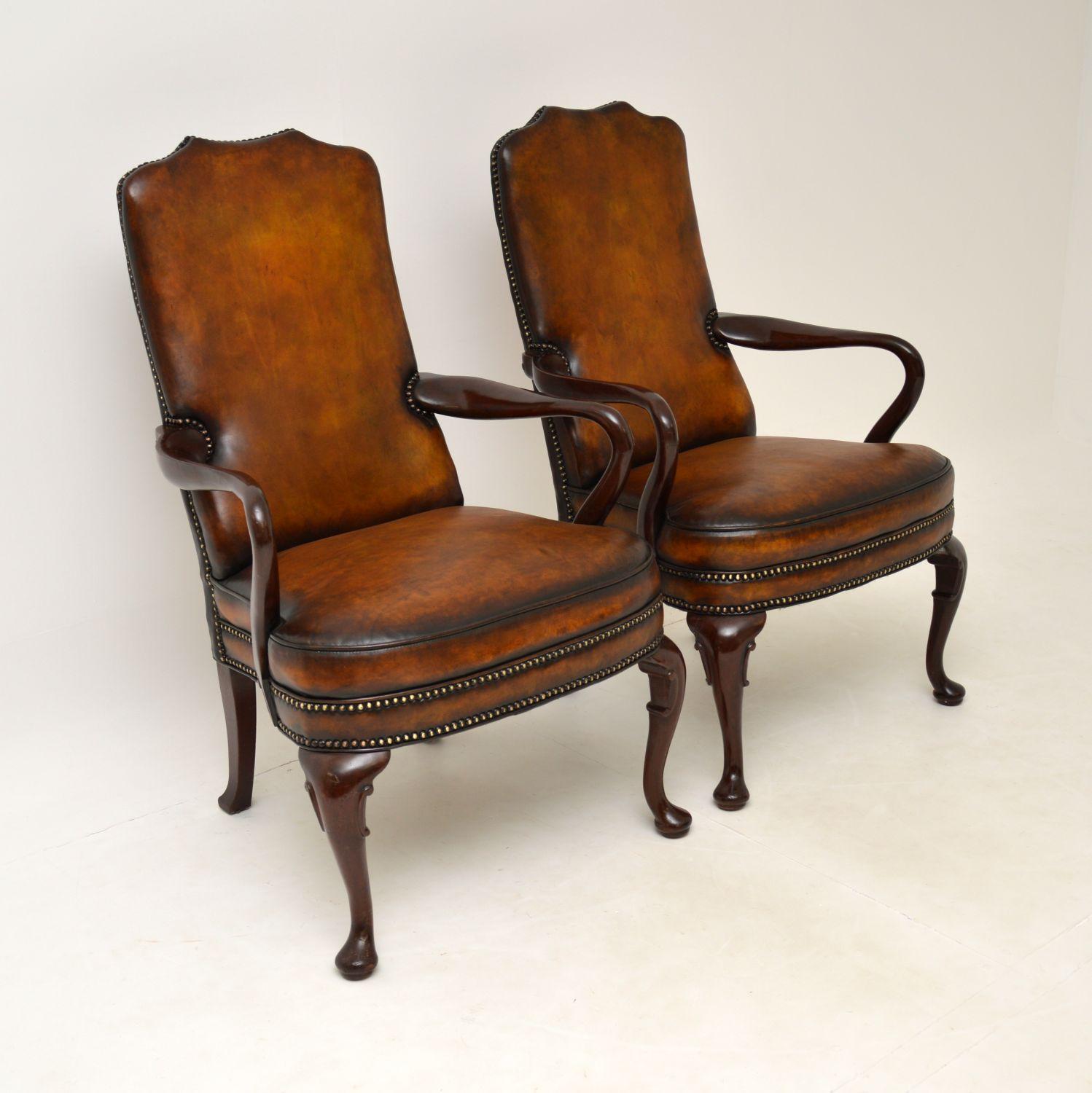Pair of Antique Georgian Style Leather & Mahogany Armchairs 6