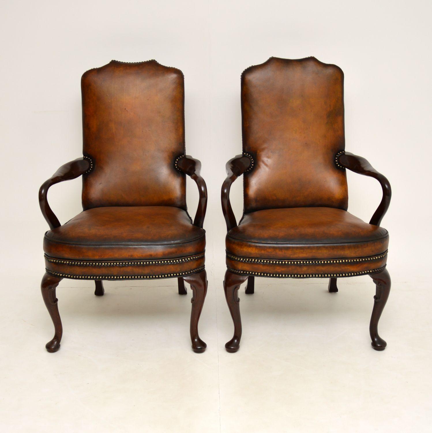 A stunning pair of Georgian style antique leather and mahogany armchairs, dating from around the 1930’s period.

The quality is fantastic, these are well built and very comfortable. The seats are well sprung, and they are upholstered in hand