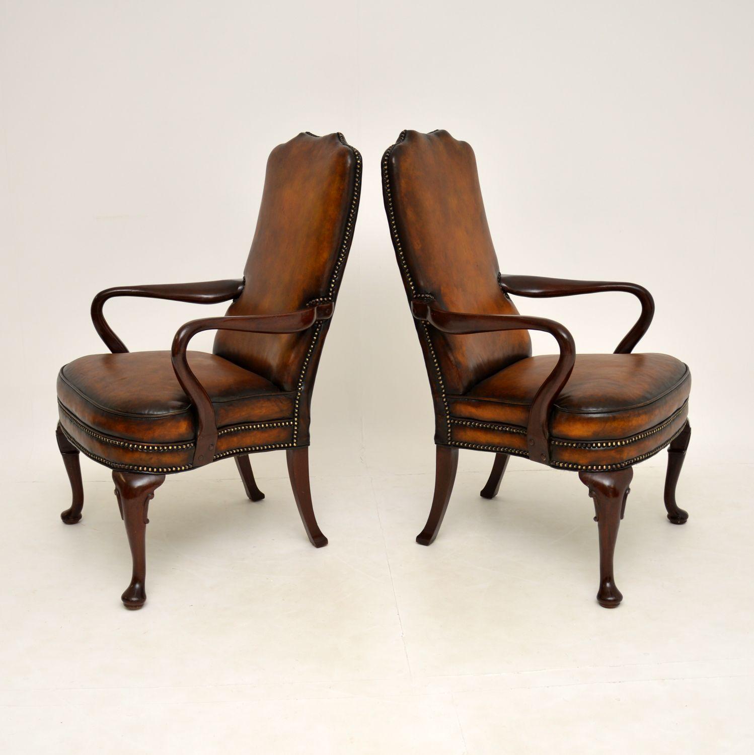 English Pair of Antique Georgian Style Leather & Mahogany Armchairs
