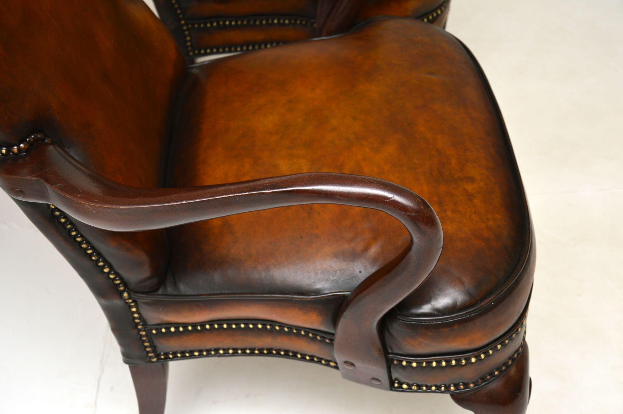 Pair of Antique Georgian Style Leather & Mahogany Armchairs 1