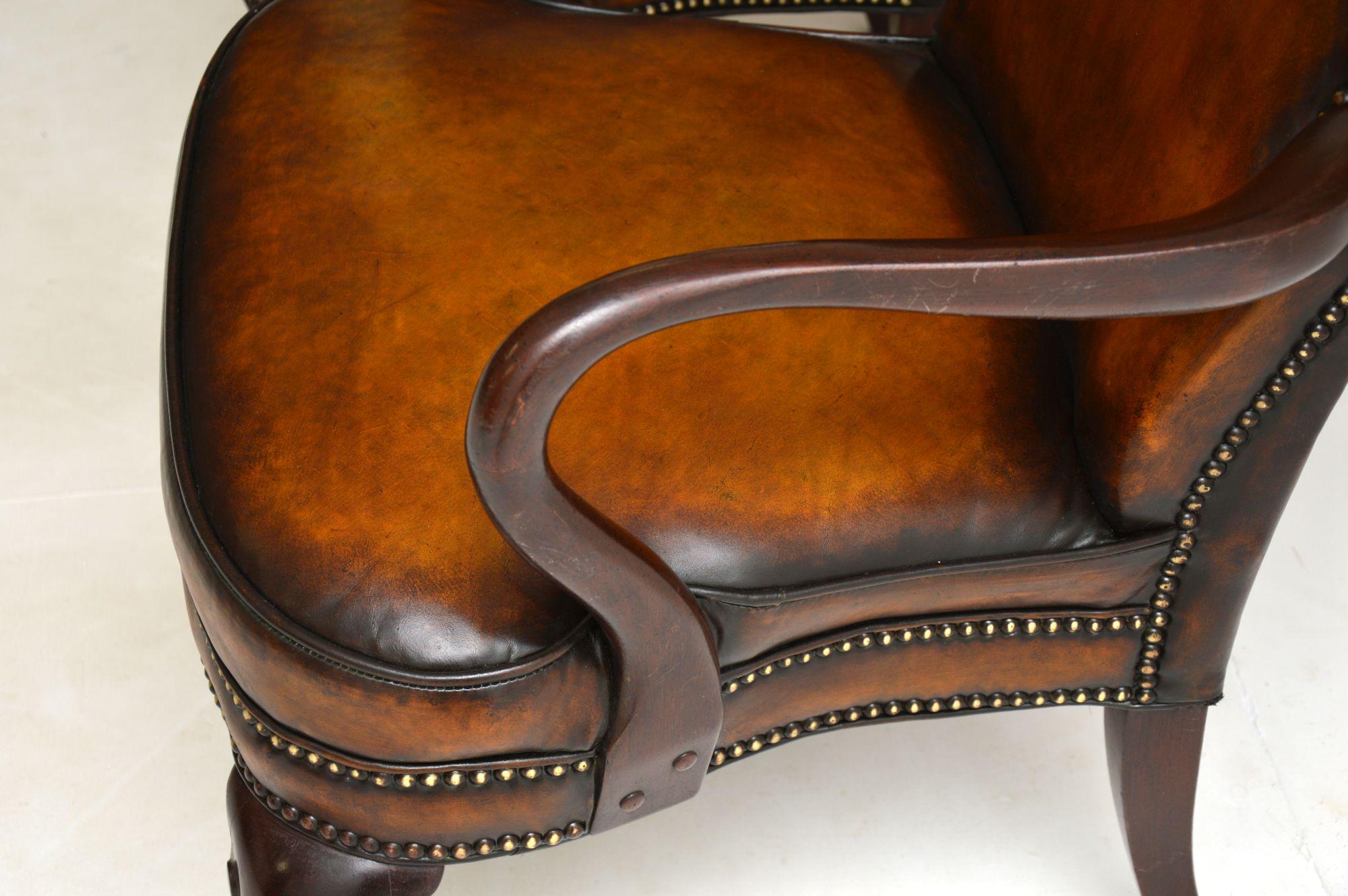 Pair of Antique Georgian Style Leather & Mahogany Armchairs 3