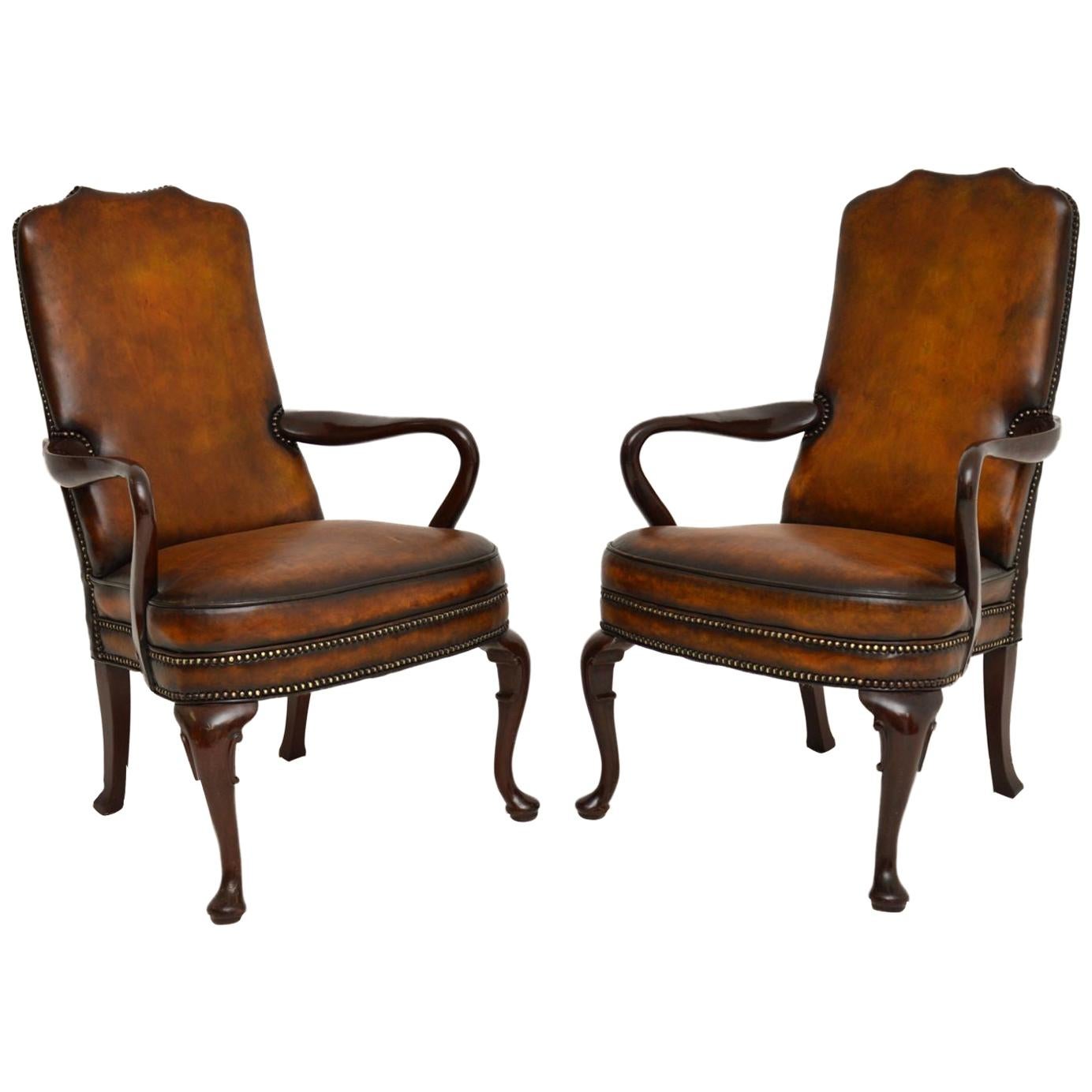 Pair of Antique Georgian Style Leather & Mahogany Armchairs