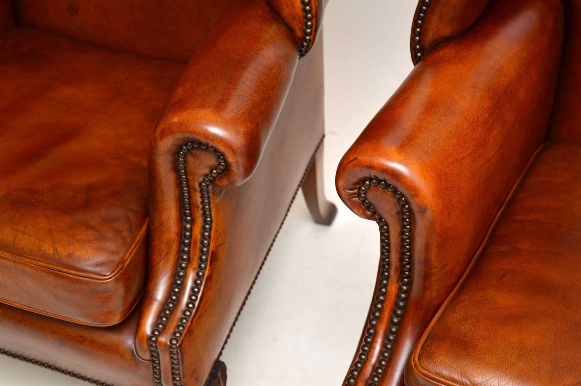 Pair of Antique Georgian Style Leather Wing Back Armchairs 4