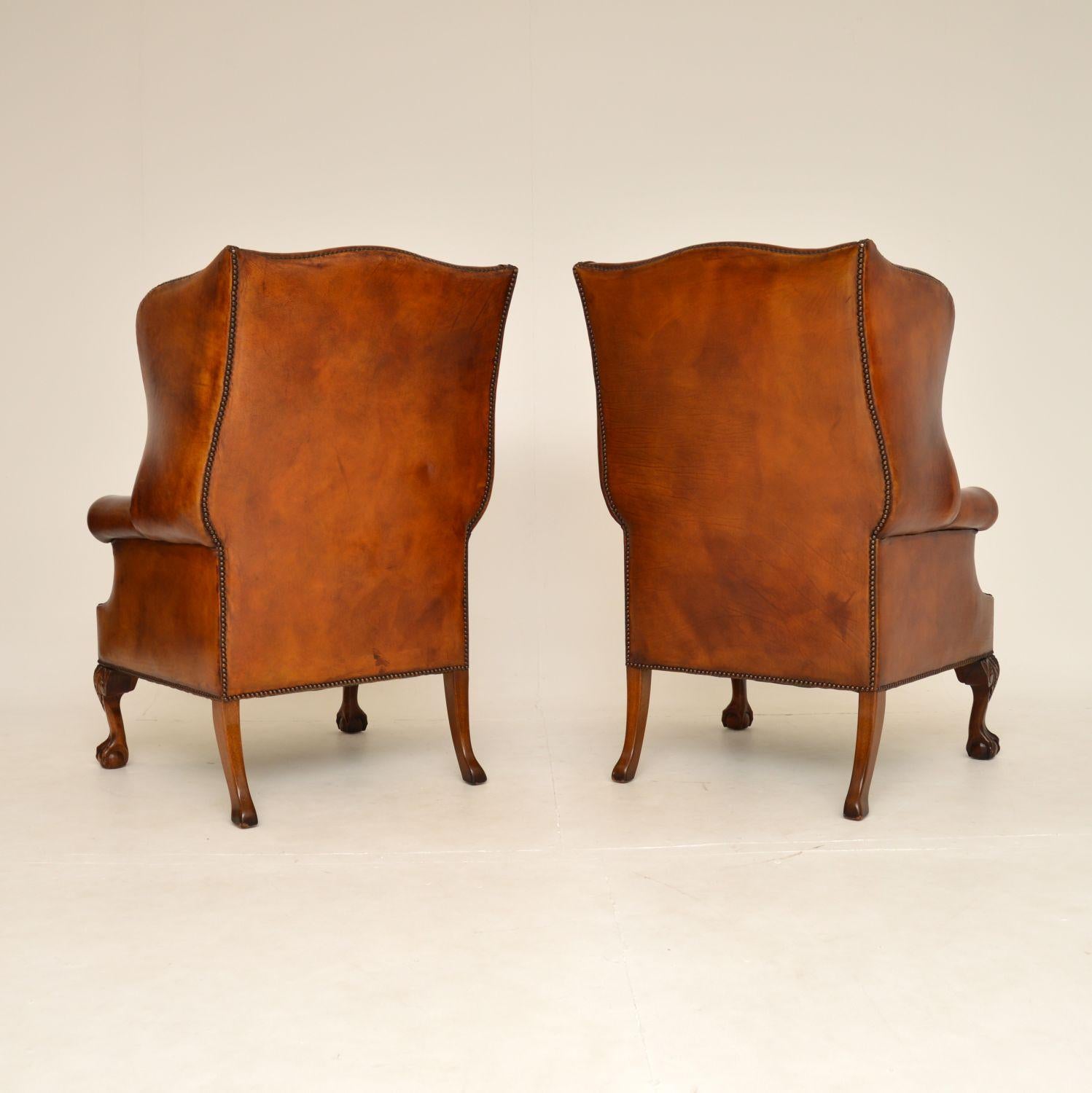 English Pair of Antique Georgian Style Leather Wing Back Armchairs