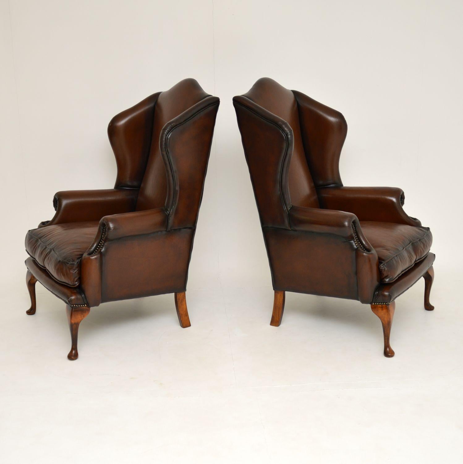 English Pair of Antique Georgian Style Leather Wingback Armchairs