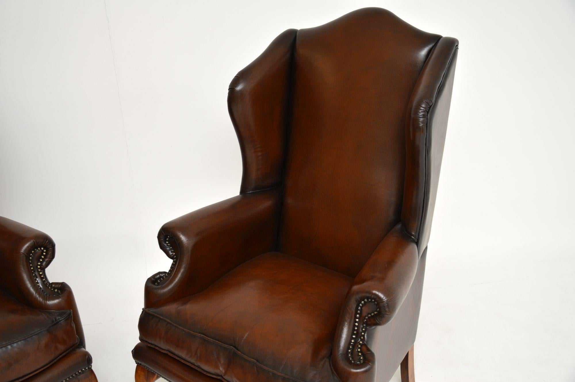 20th Century Pair of Antique Georgian Style Leather Wingback Armchairs