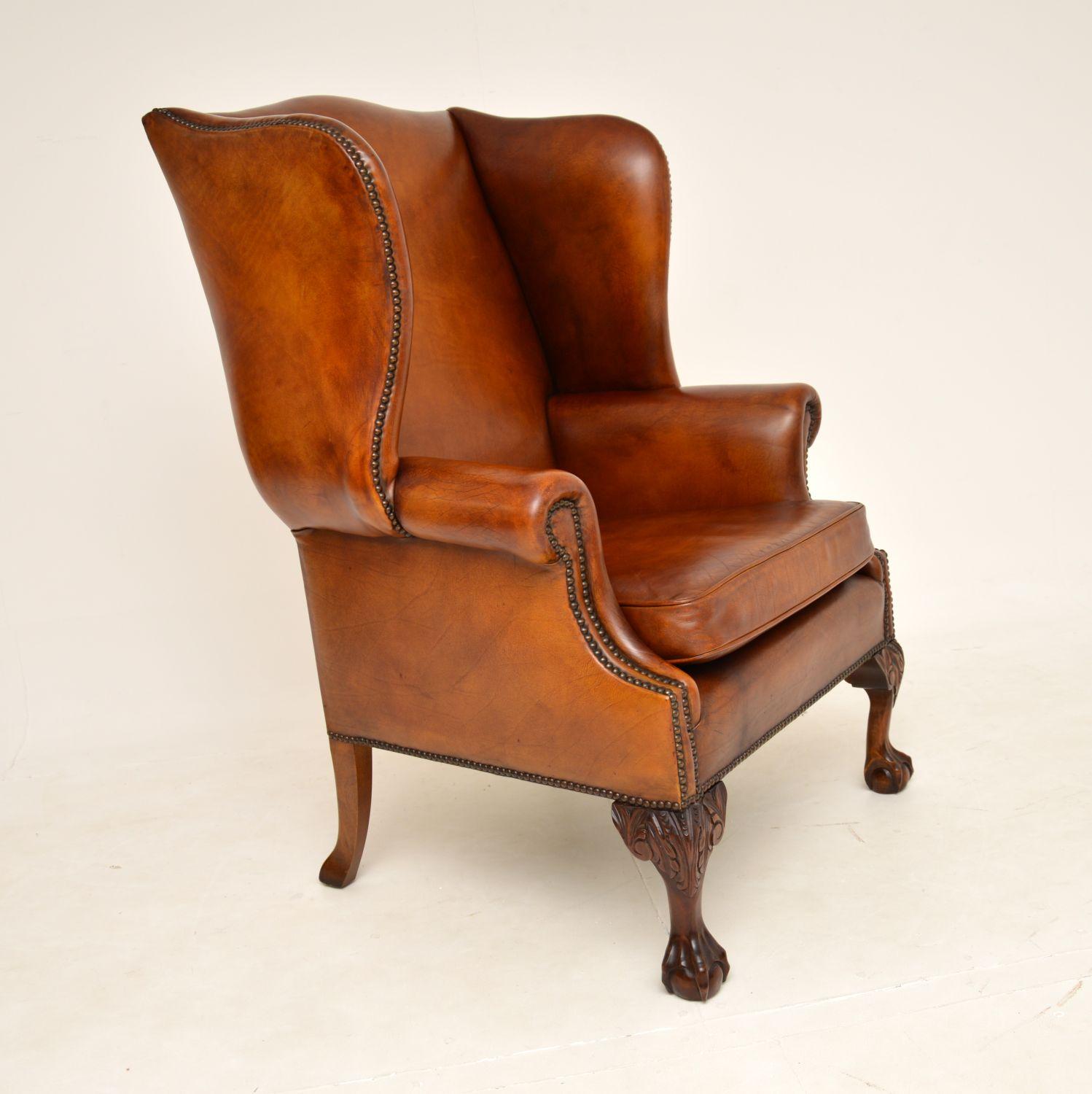 Mid-20th Century Pair of Antique Georgian Style Leather Wing Back Armchairs