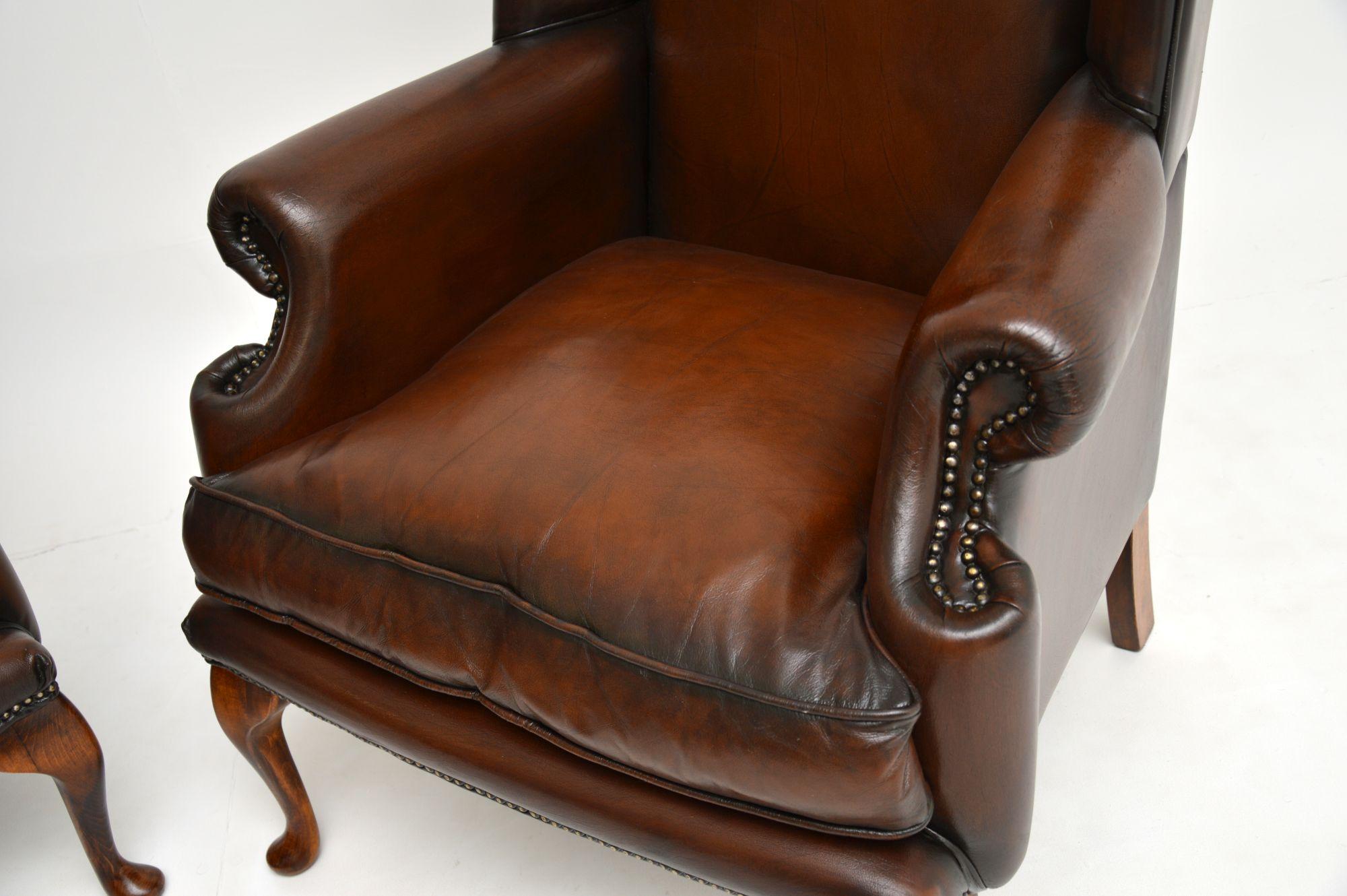 Pair of Antique Georgian Style Leather Wingback Armchairs 1