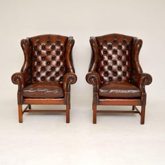 Pair of Antique Georgian Style Leather Wing Back Armchairs