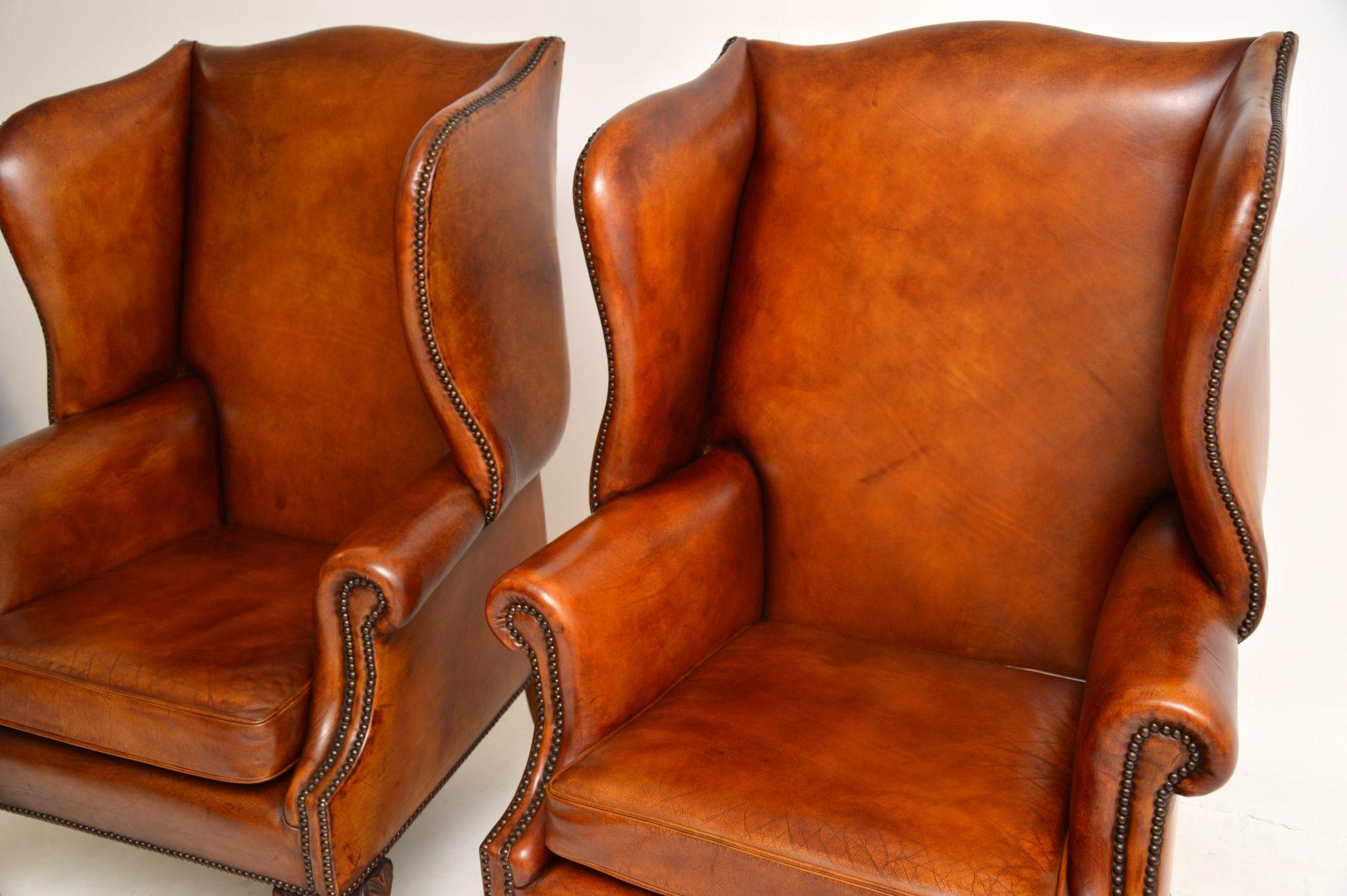 Pair of Antique Georgian Style Leather Wing Back Armchairs 2