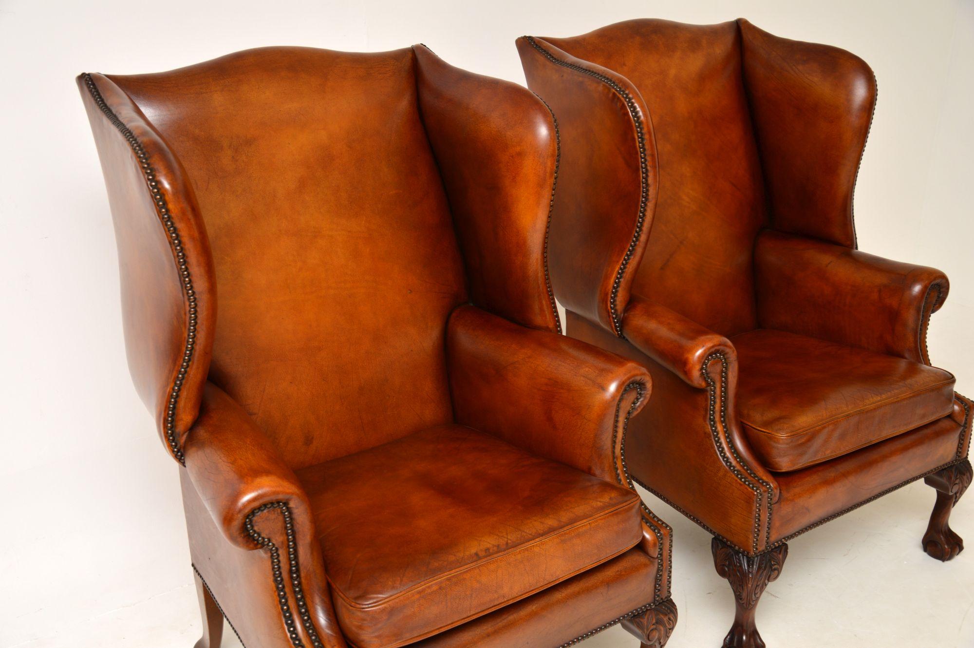 Pair of Antique Georgian Style Leather Wing Back Armchairs 1