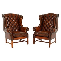Pair of Antique Georgian Style Leather Wing Back Armchairs