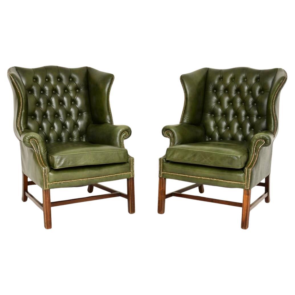 Pair of Antique Georgian Style Leather Wing Back Armchairs