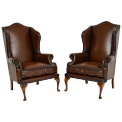 Pair of Antique Georgian Style Leather Wingback Armchairs