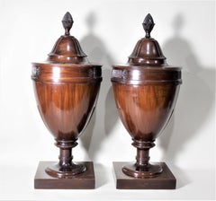 Pair of Antique Georgian Style Mahogany Knife Urns or Boxes with Carved Accents