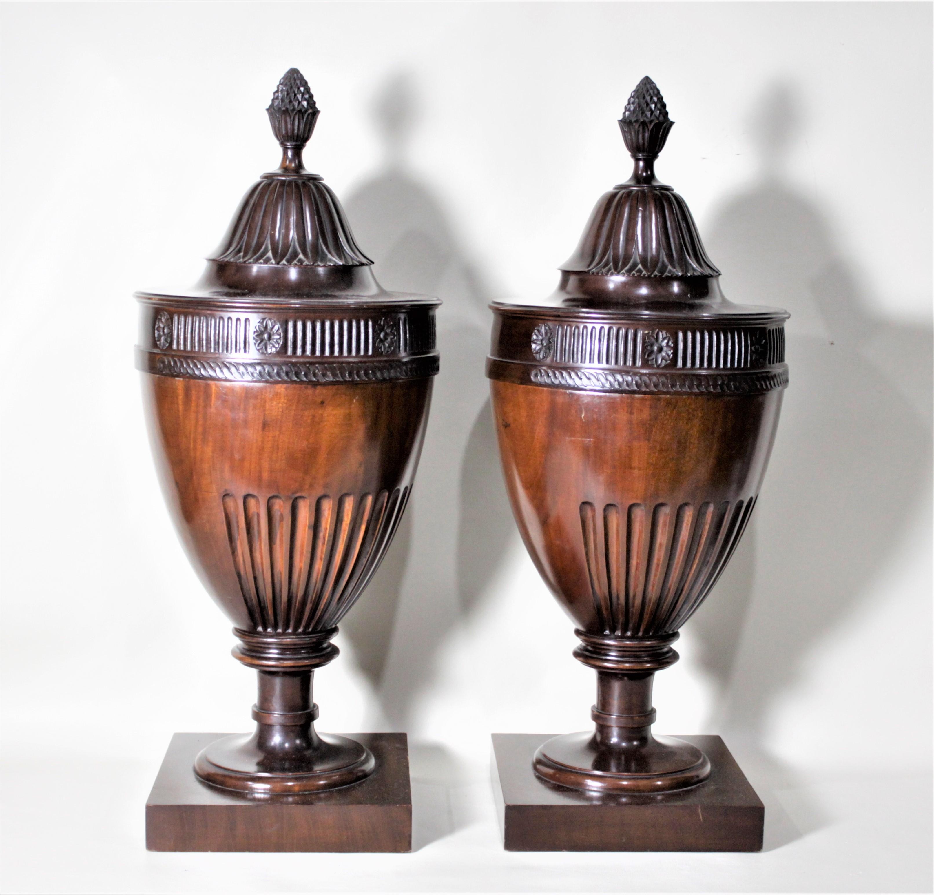 English Pair of Antique Georgian Style Mahogany Knife Urns or Boxes with Carved Accents