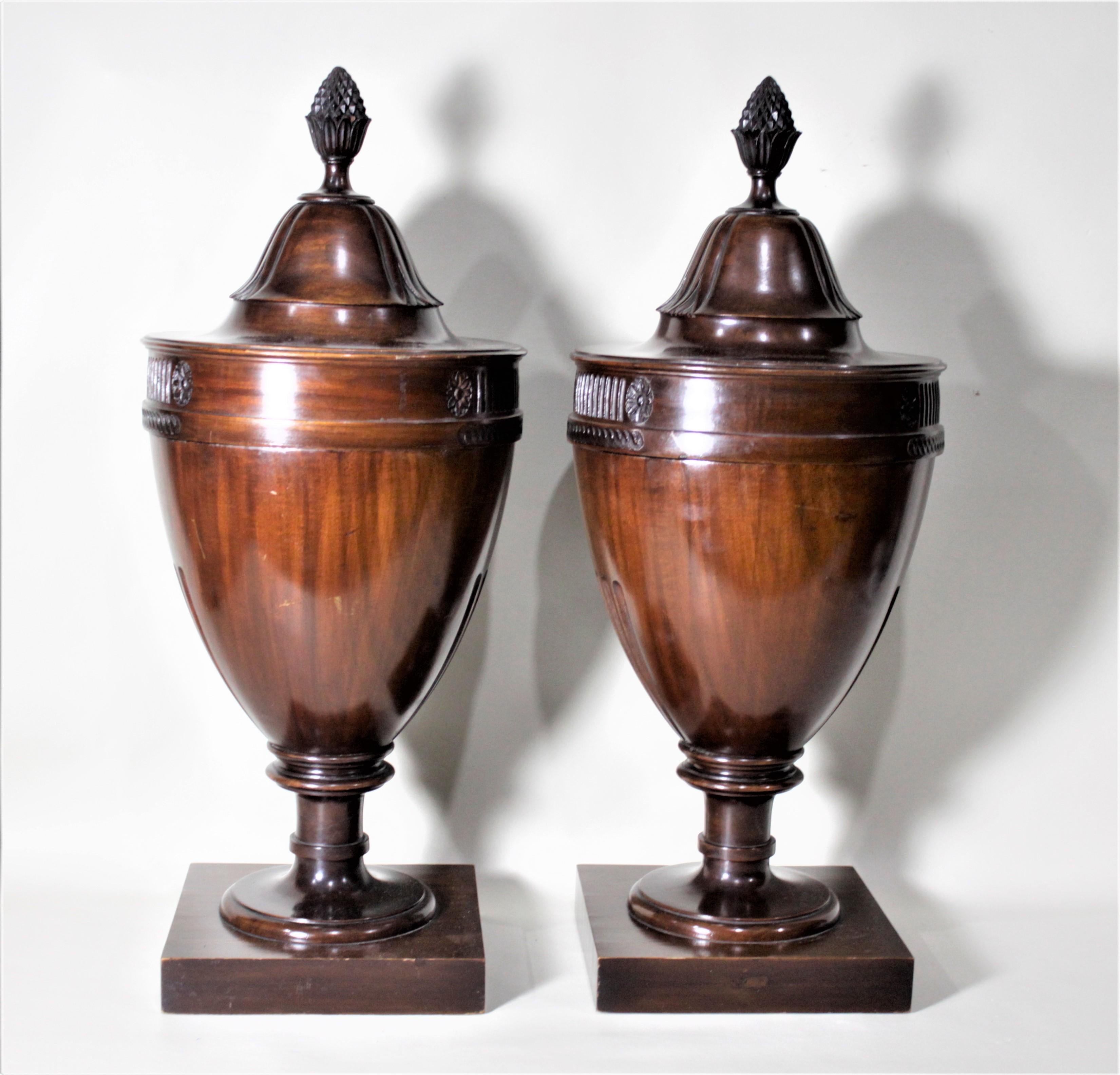 Hand-Crafted Pair of Antique Georgian Style Mahogany Knife Urns or Boxes with Carved Accents