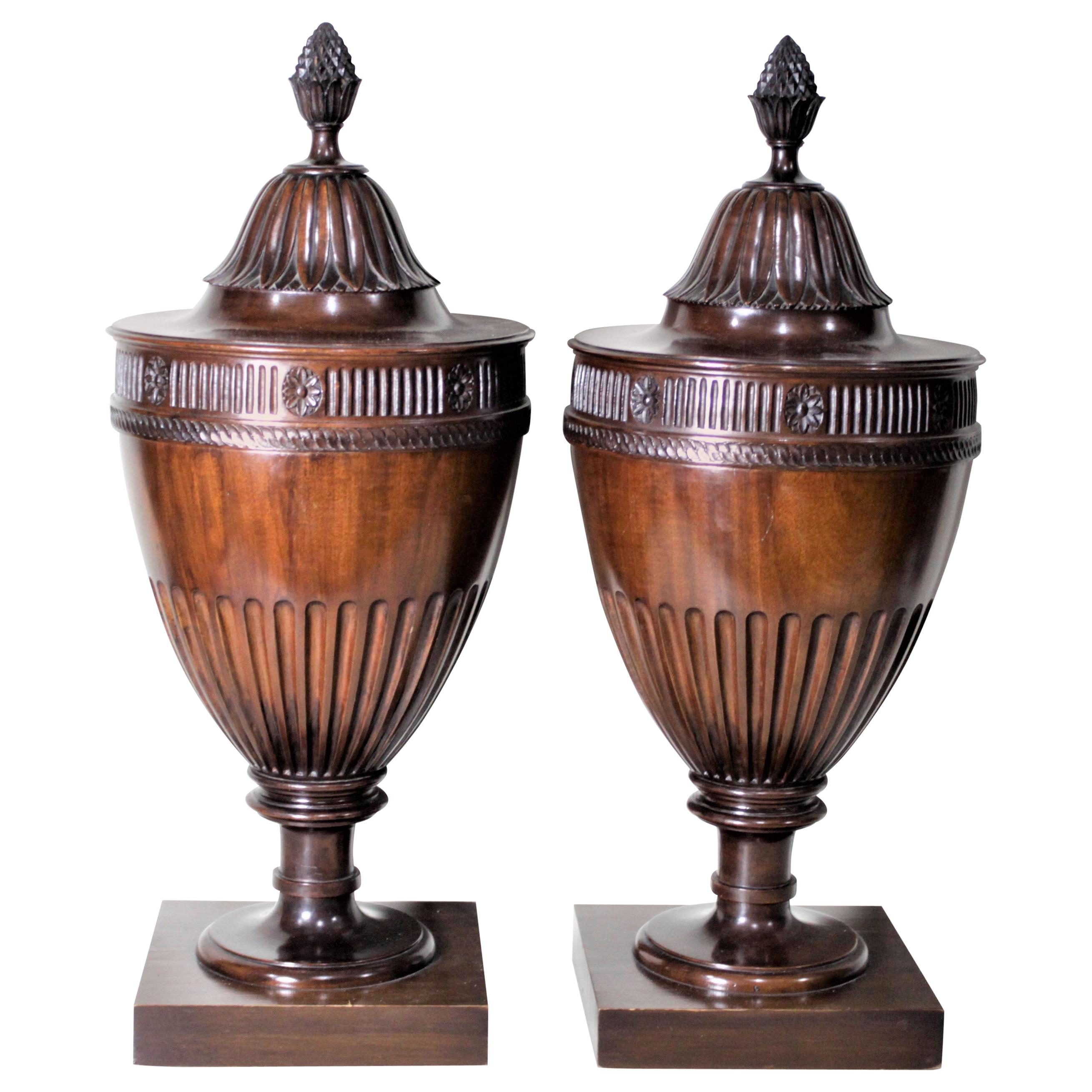 Pair of Antique Georgian Style Mahogany Knife Urns or Boxes with Carved Accents