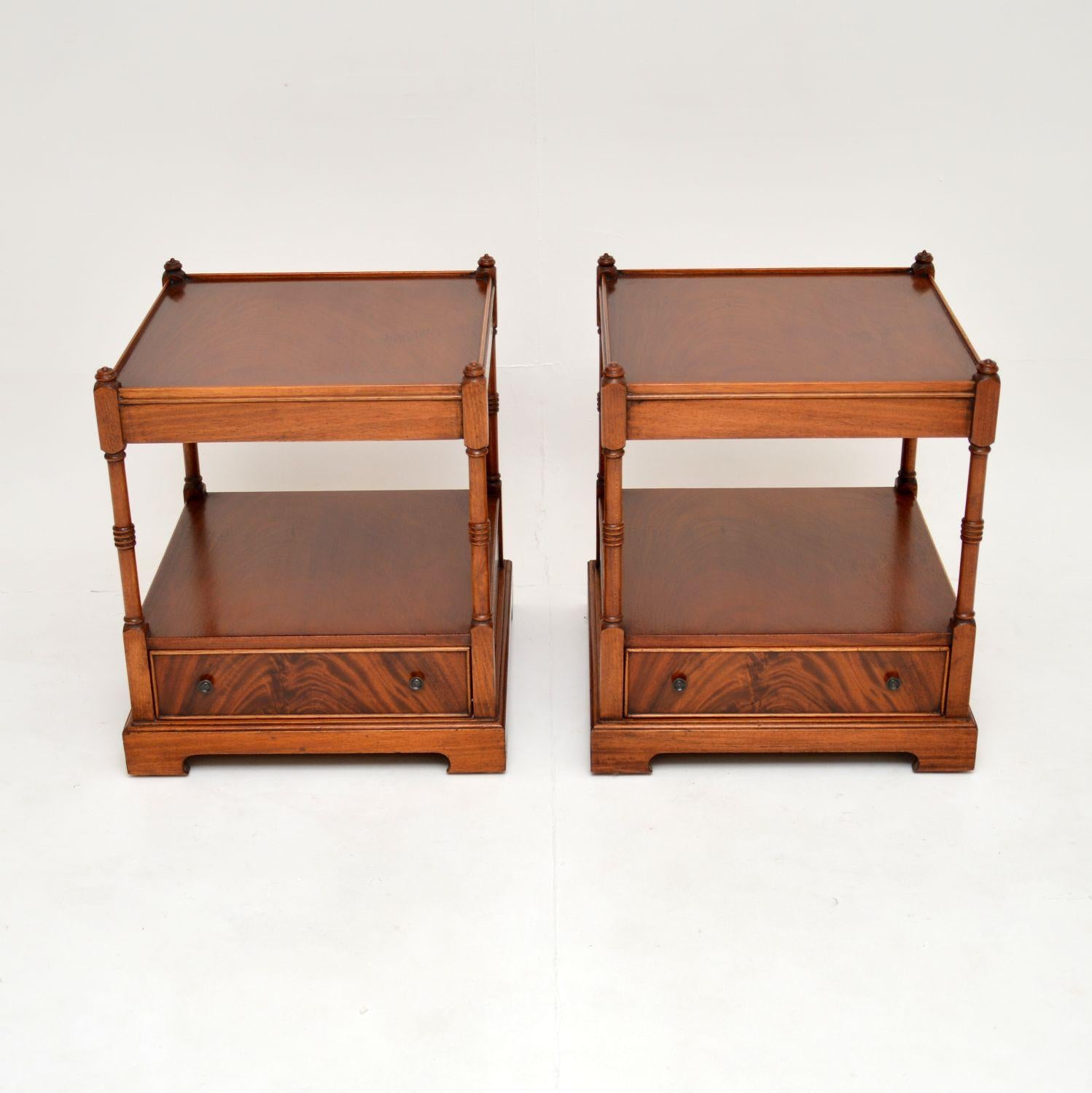 A smart and very well made pair of antique side tables in the Georgian style. They were made in England, they date from around the 1930’s.

The quality is excellent, they have two useful tiers with a drawer in the lower section. They are nicely