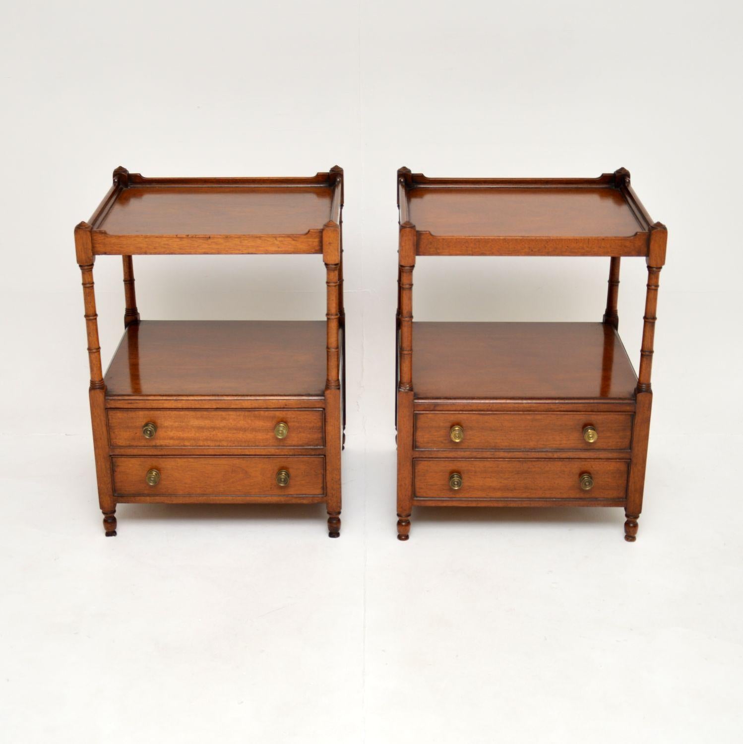 A smart and very well made pair of antique Georgian style side tables. They were made in England, they date from around the 1950’s.

The quality is excellent, they have two useful tiers with two drawers in the lower section. They are nicely polished