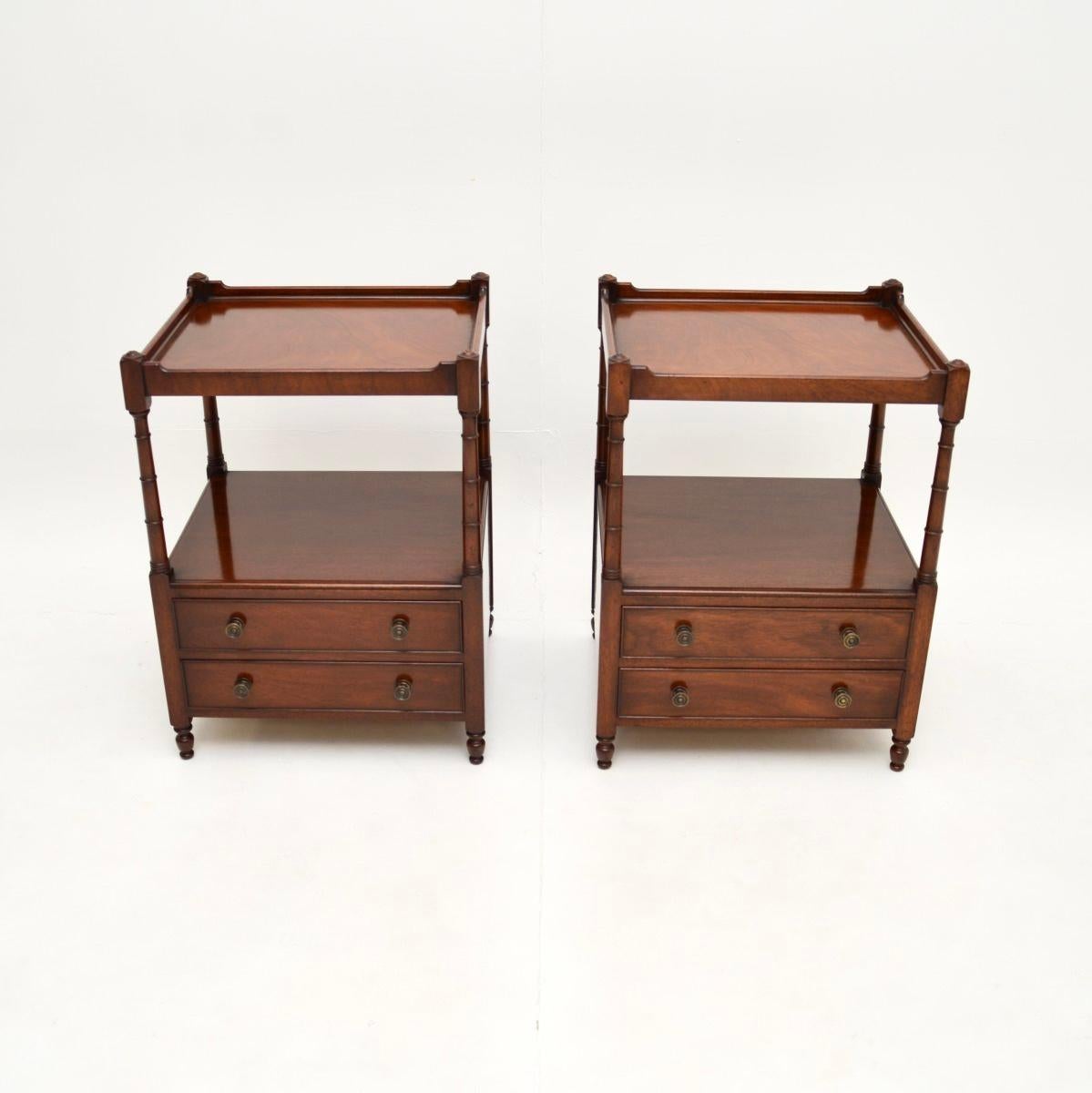 A smart and very well made pair of antique Georgian style side tables. They were made in England, they date from around the 1930’s.

The quality is excellent, they have two useful tiers with two drawers in the lower section. They are nicely polished