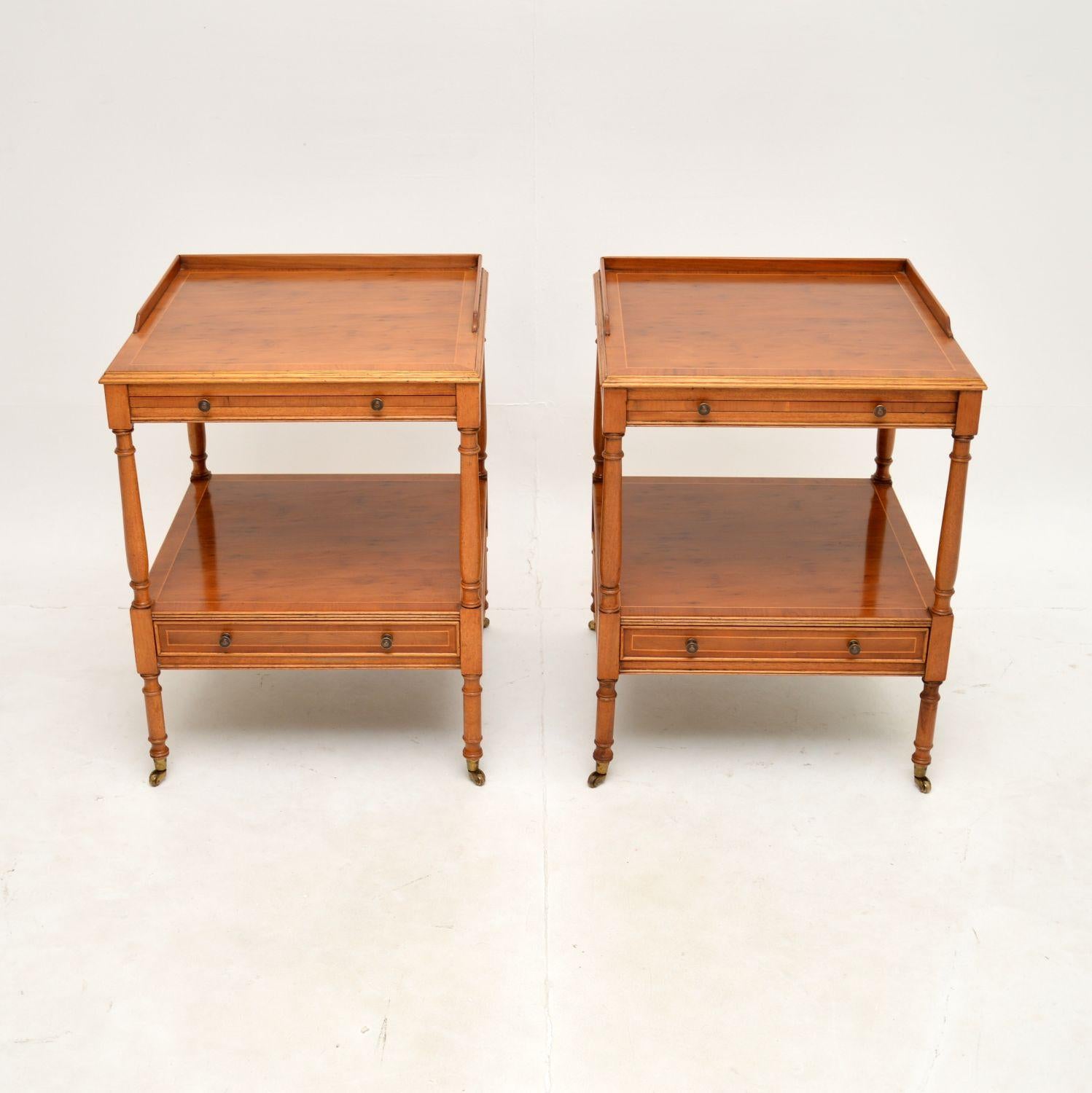 A fantastic pair of antique Georgian style side tables in yew wood. They were made in England, and date from around the 1950’s.

The quality is great, they are very well made with solid oak construction beneath the yew wood, and fine hand cut