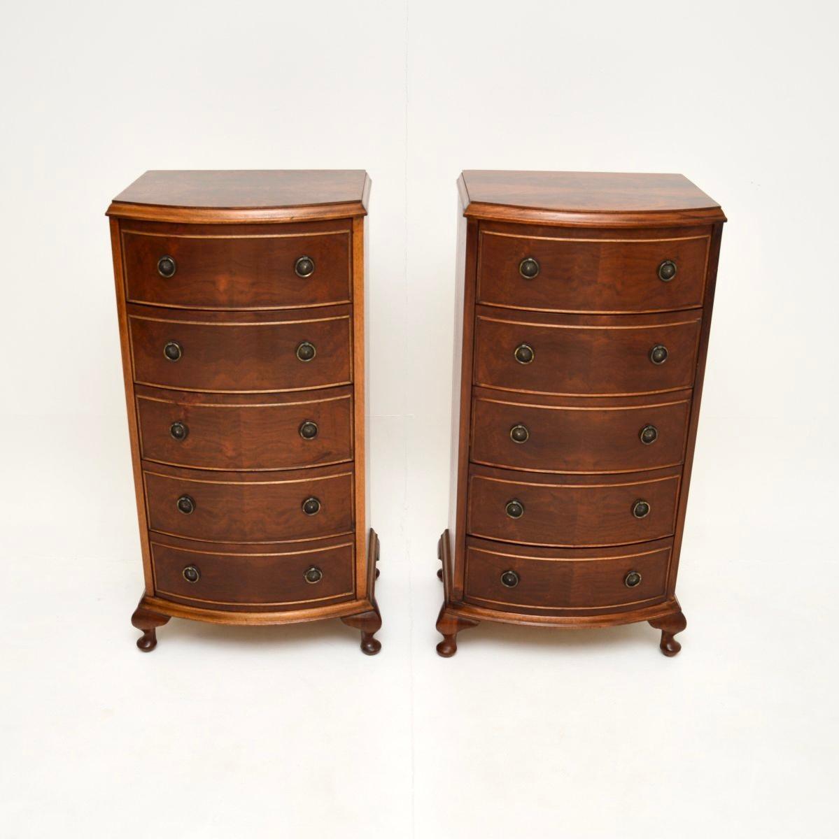 A smart and extremely well made pair of antique Georgian style slim walnut chests of drawers. They were made in England, they date from around the 1930’s.

The quality is fantastic and they are a very useful size. They are fairly tall and slim,