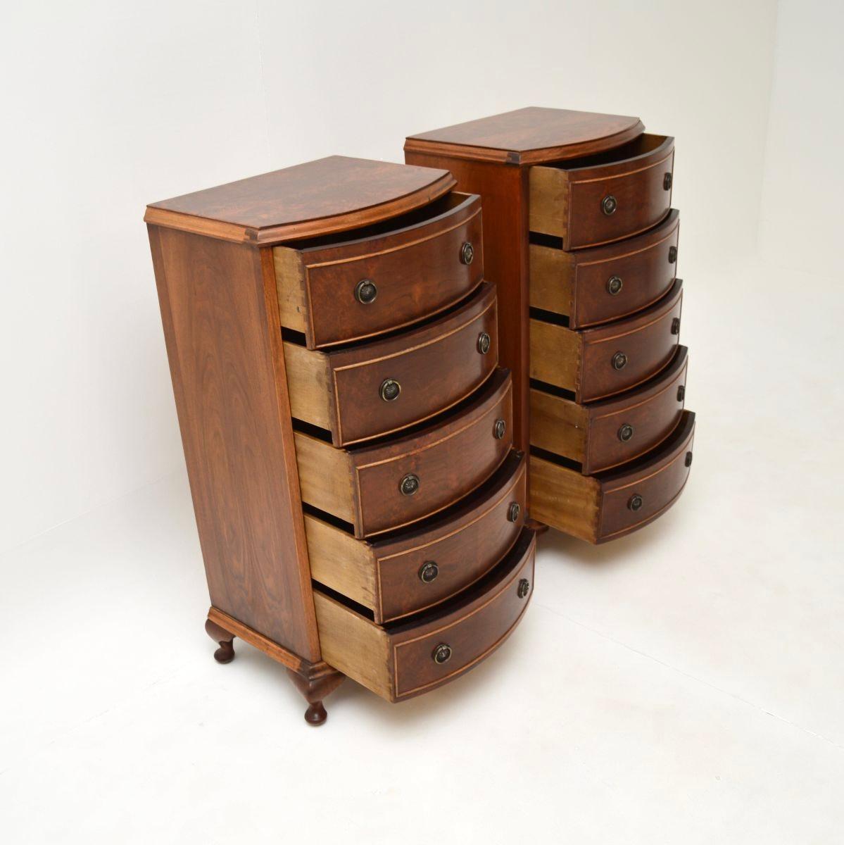 Mid-20th Century Pair of Antique Georgian Style Slim Walnut Chests of Drawers For Sale