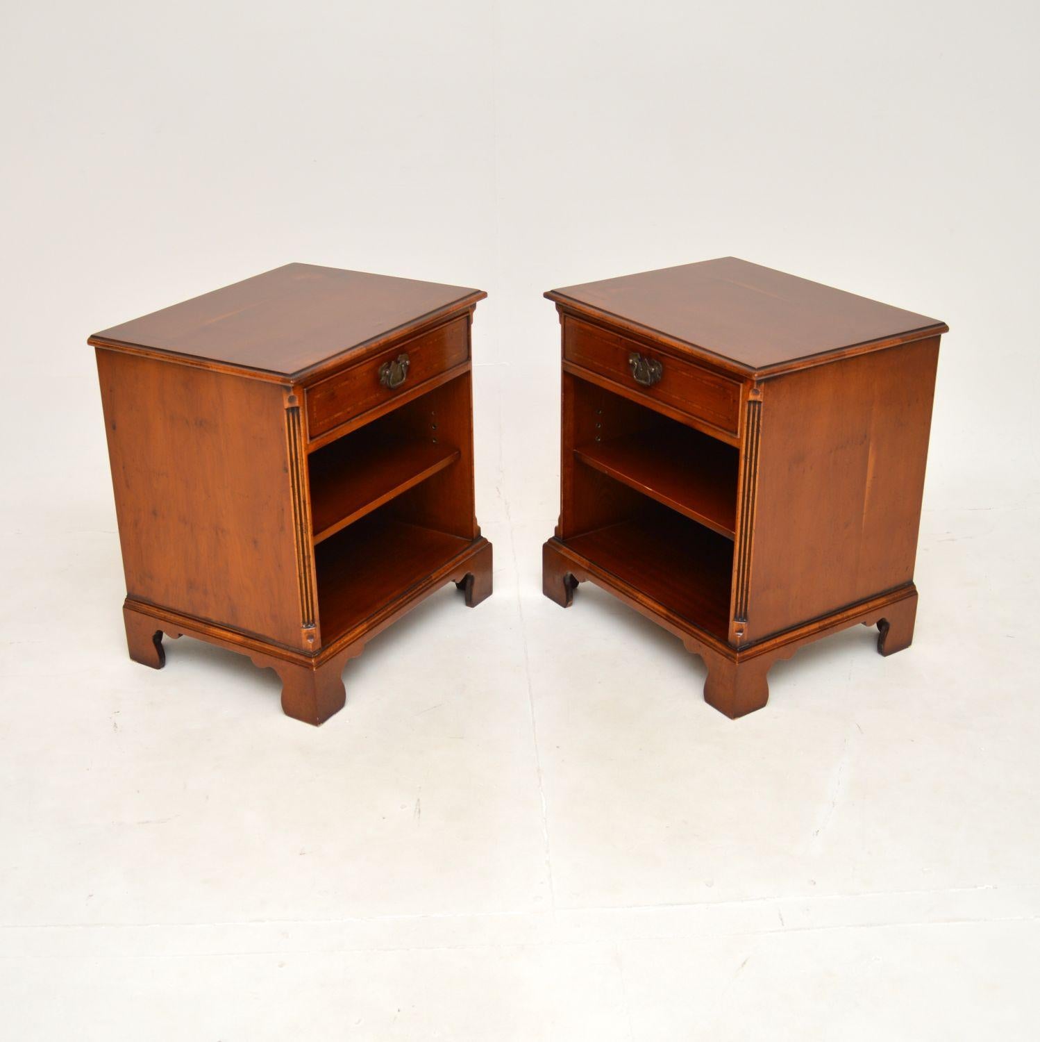 British Pair of Antique Georgian Style Yew Wood Bedside Cabinets