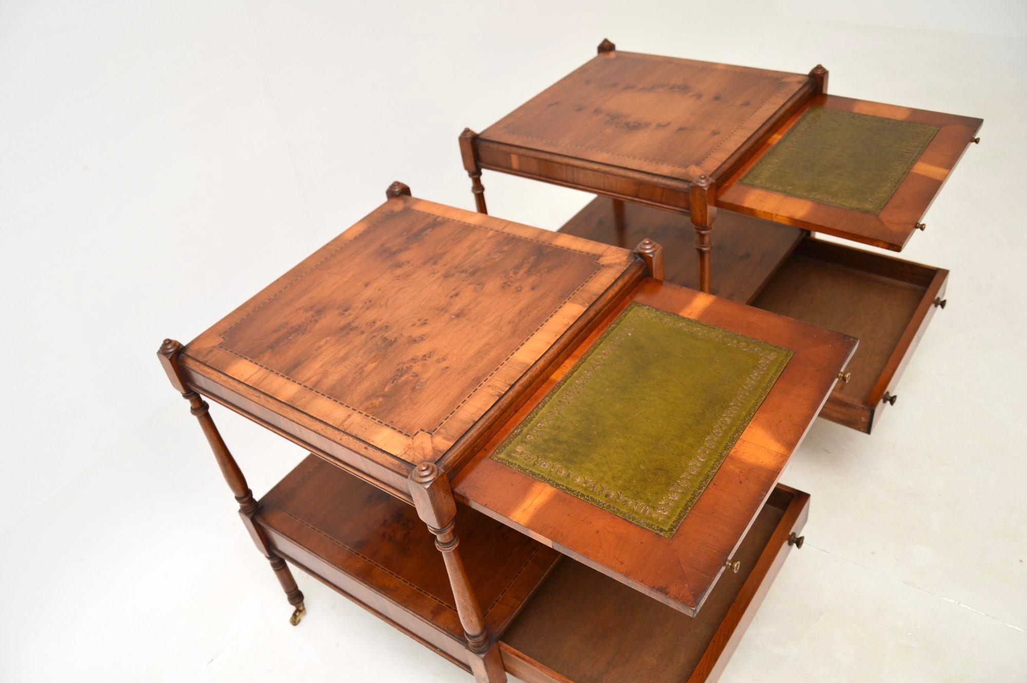 Leather Pair of Antique Georgian Style Yew Wood Side Tables
