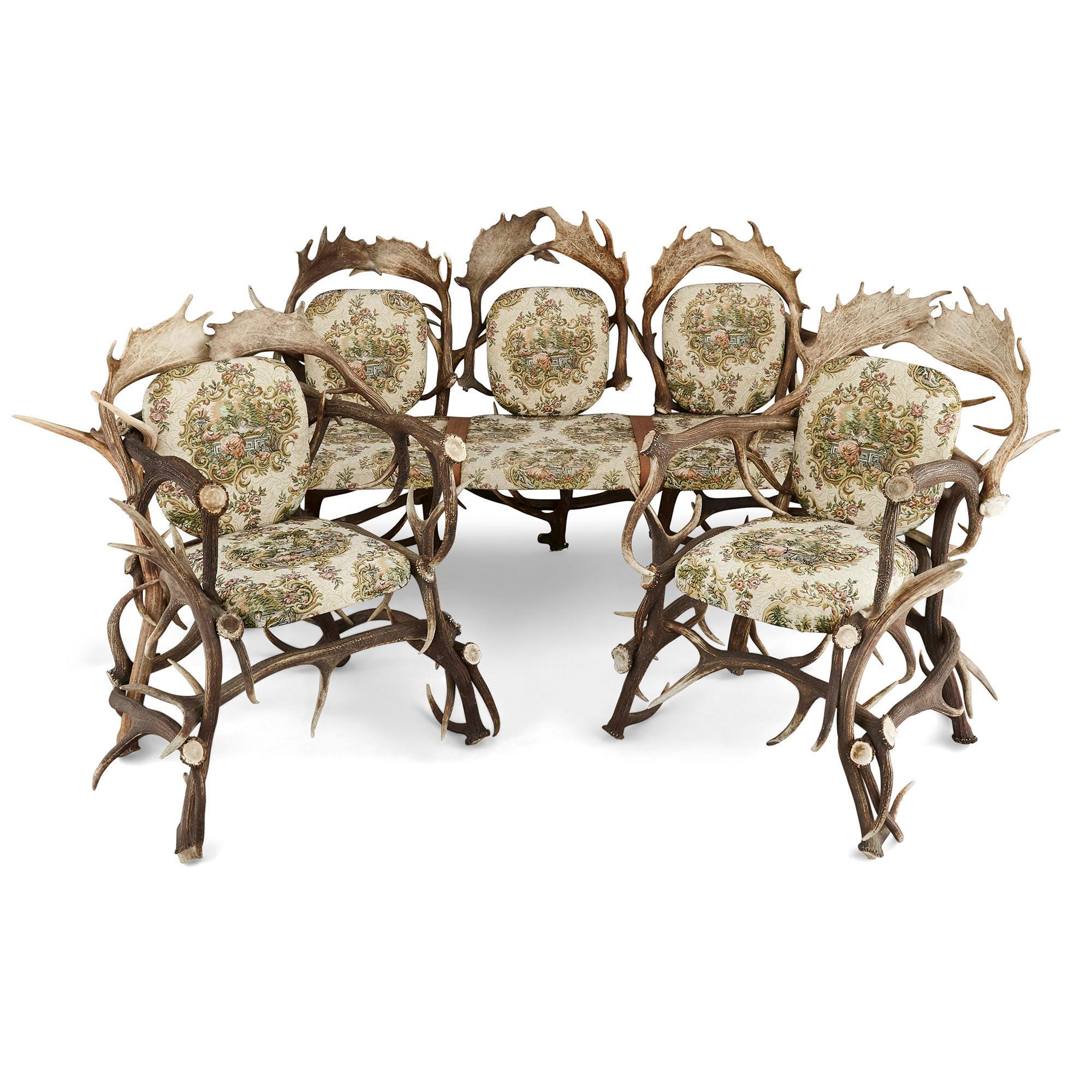20th Century Pair of Antique German Antler Chairs with Rococo Style Upholstery For Sale