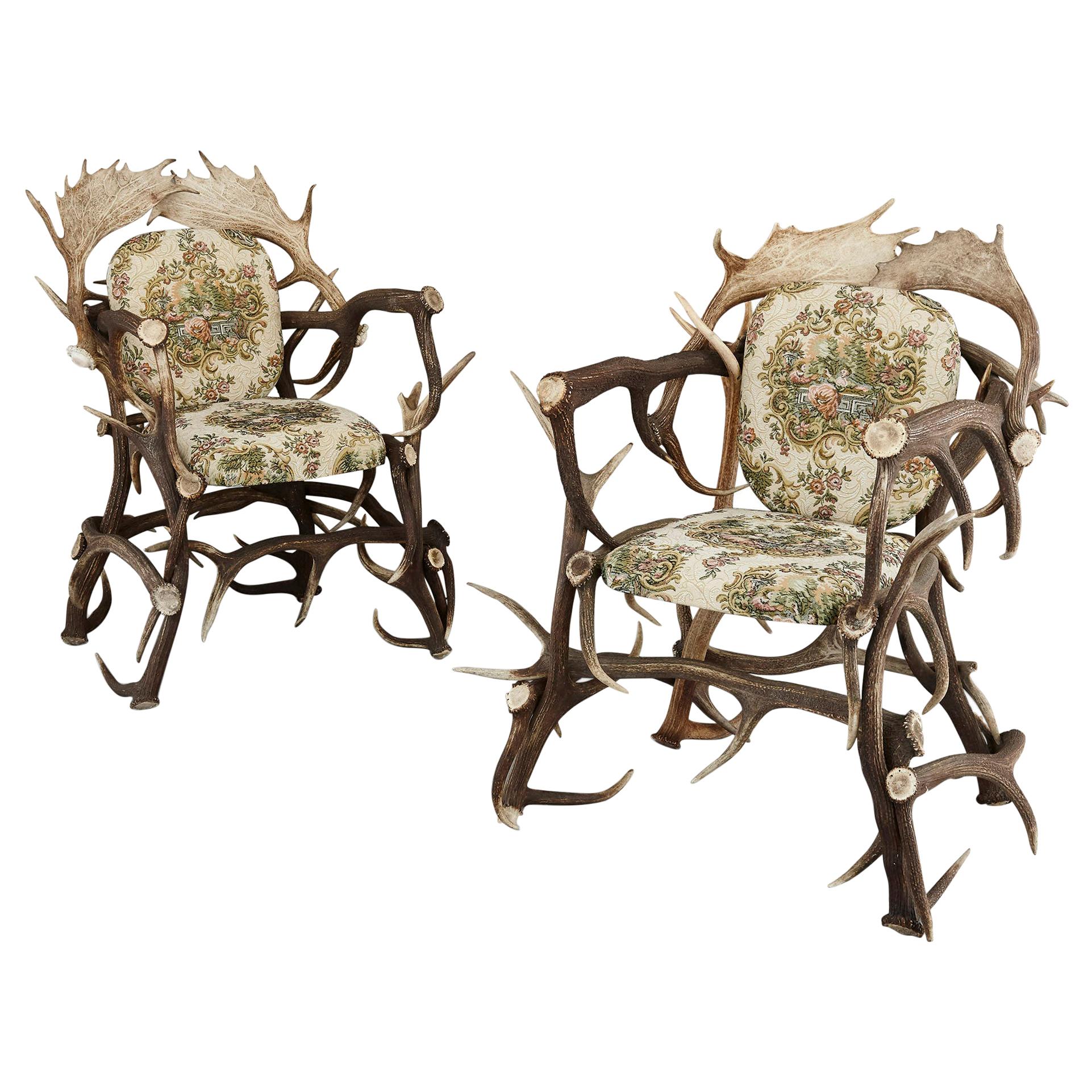 Pair of Antique German Antler Chairs with Rococo Style Upholstery