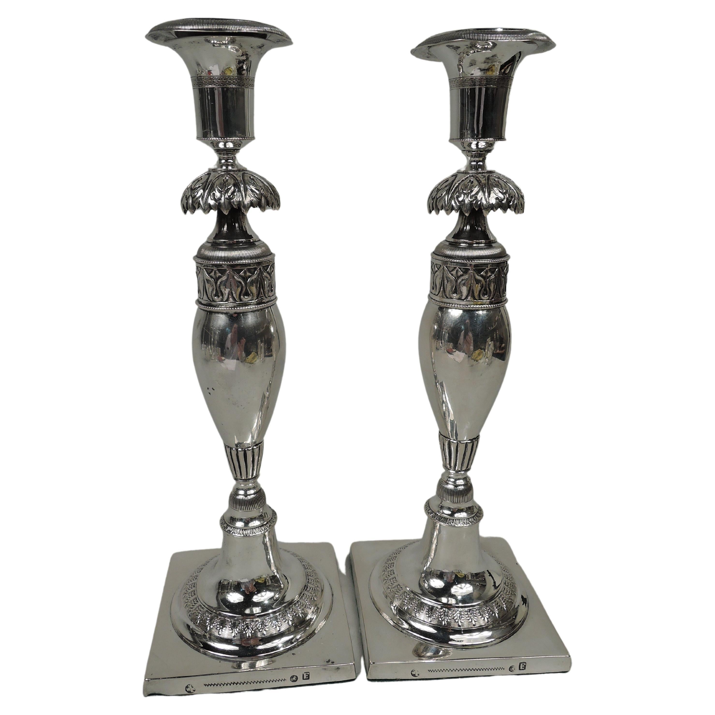 Pair of Antique German Biedermeier Classical Silver Candlesticks For Sale