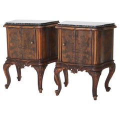 Pair of Antique German Continental Carved Flame Mahogany Marble Top Stands