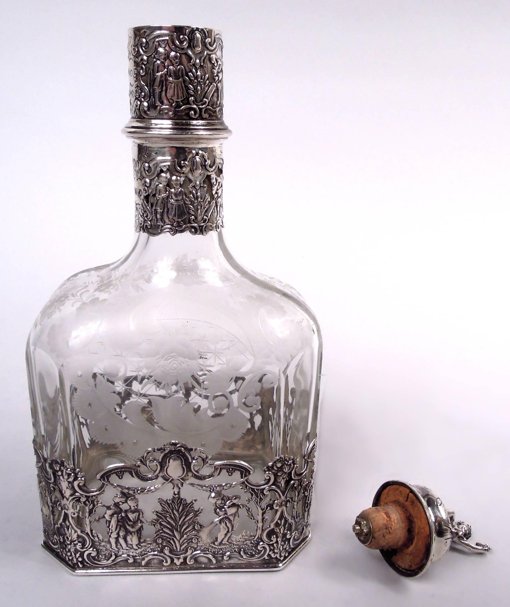 Paar antike deutsche Hanau Rokoko Silber & Glas Dekanter (Europäisch) im Angebot