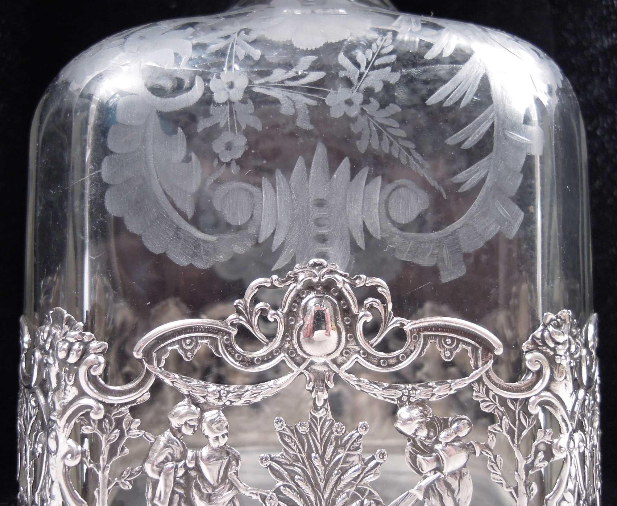 Paar antike deutsche Hanau Rokoko Silber & Glas Dekanter im Angebot 1