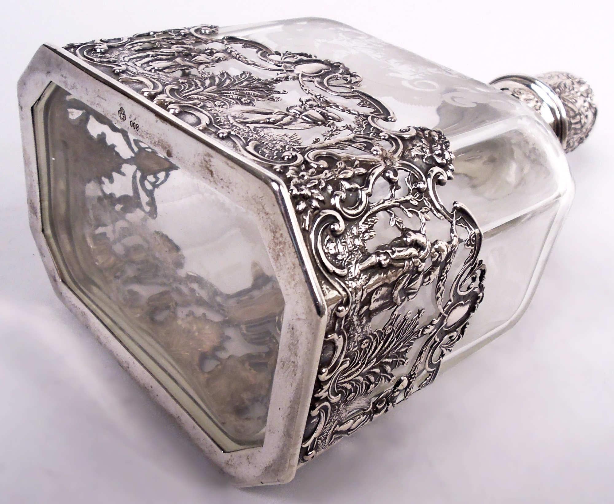 Paar antike deutsche Hanau Rokoko Silber & Glas Dekanter im Angebot 2