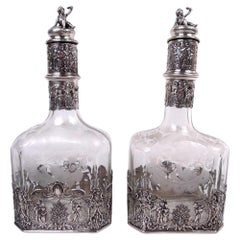 Pair of Antique German Hanau Rococo Silver & Glass Decanters