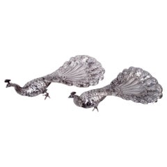 Pair of Antique German Hanau Silver Peacocks