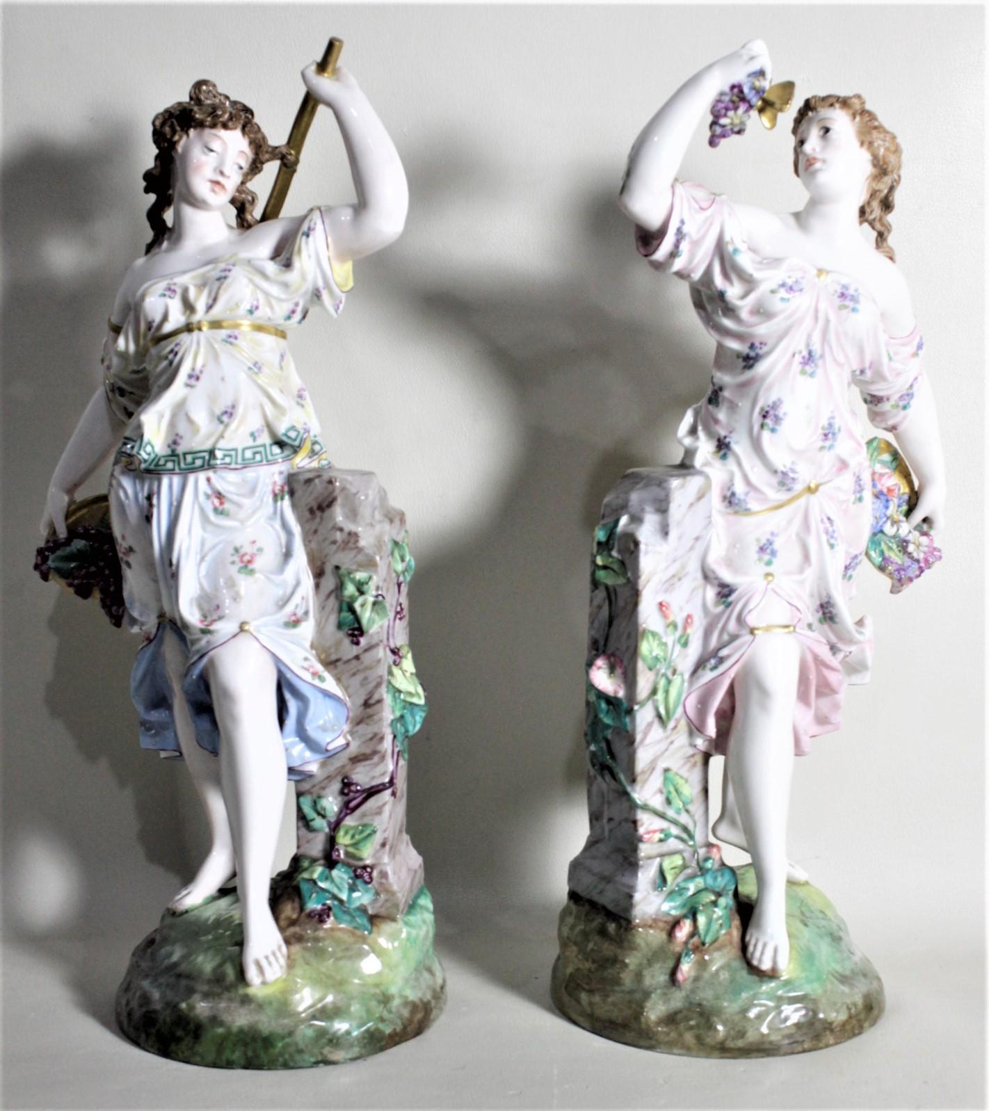Late Victorian Pair of Antique German or Austrian Porcelain Female Figurines Harvesting Grapes For Sale