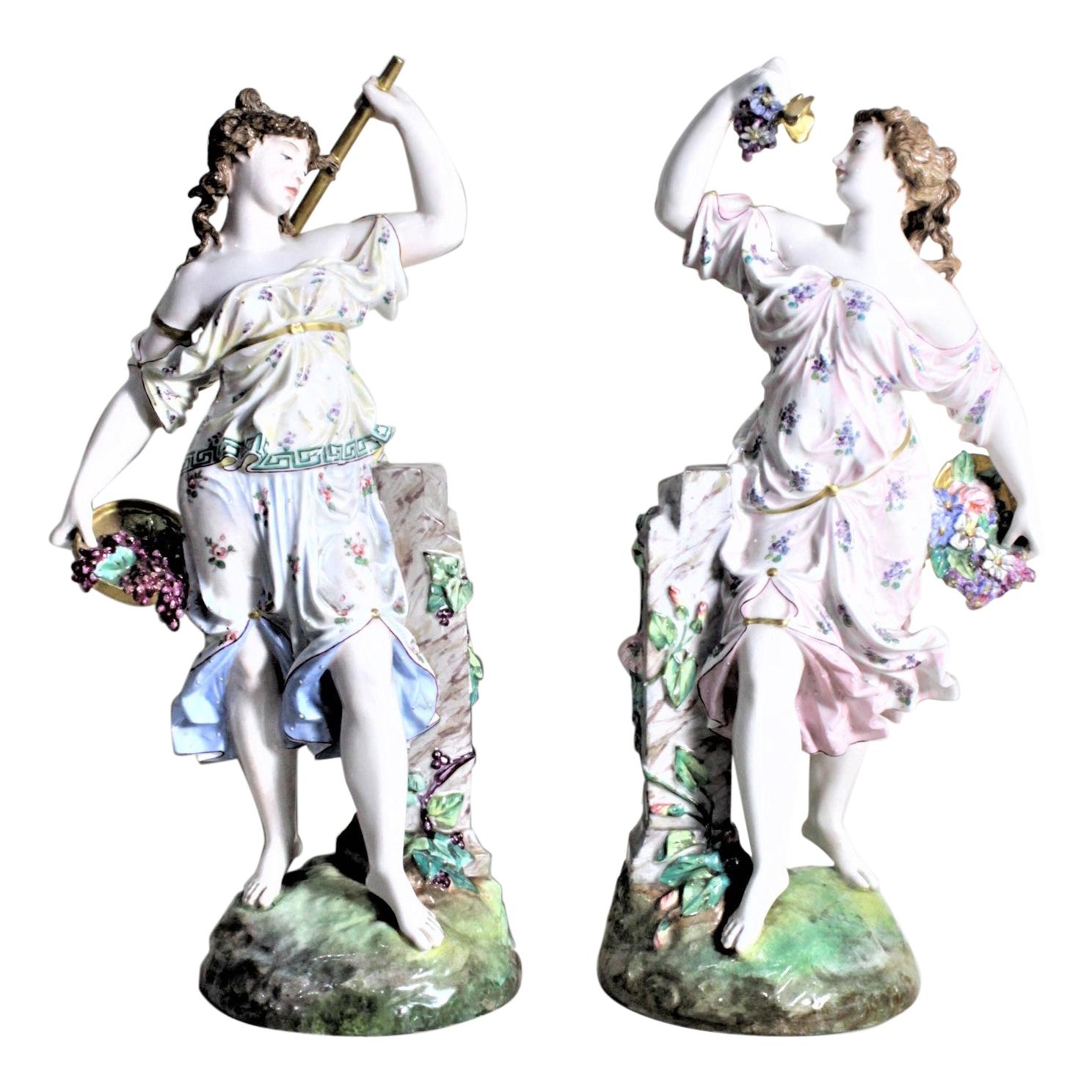 Pair of Antique German or Austrian Porcelain Female Figurines Harvesting Grapes For Sale
