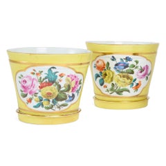 Pair of Antique German Painted Porcelain Cachepots by Meissen