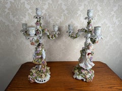 Pair of Antique German Porcelain Figural Candelabra with Floral Decoration
