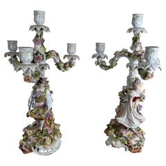 Pair of Antique German Porcelain Figural Candelabra with Floral Decoration
