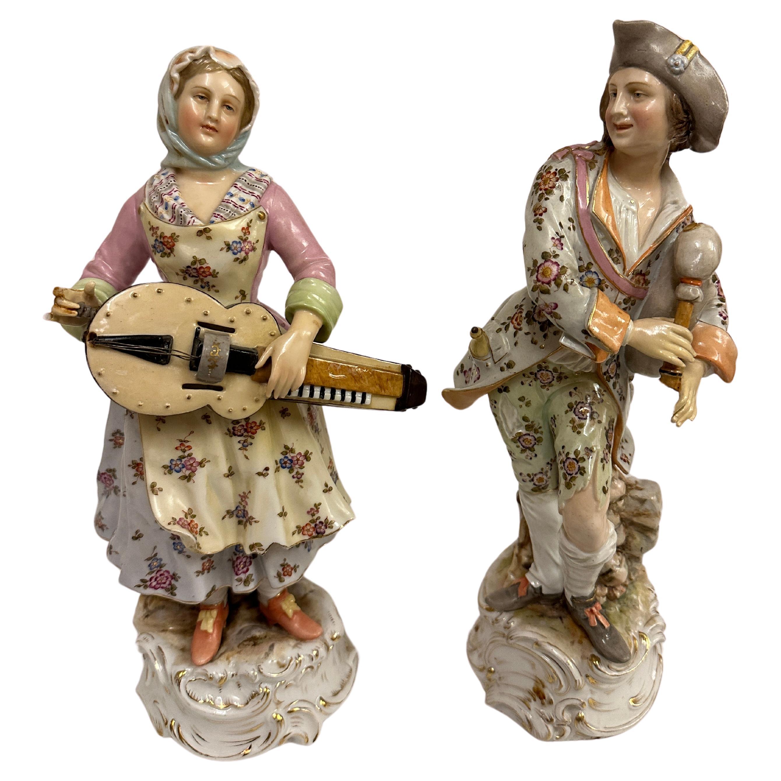 Paire de figurines musicales anciennes en porcelaine allemande, vers 1880