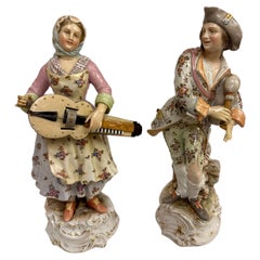 Pareja de Figuras Musicales Antiguas de Porcelana Alemana, circa 1880