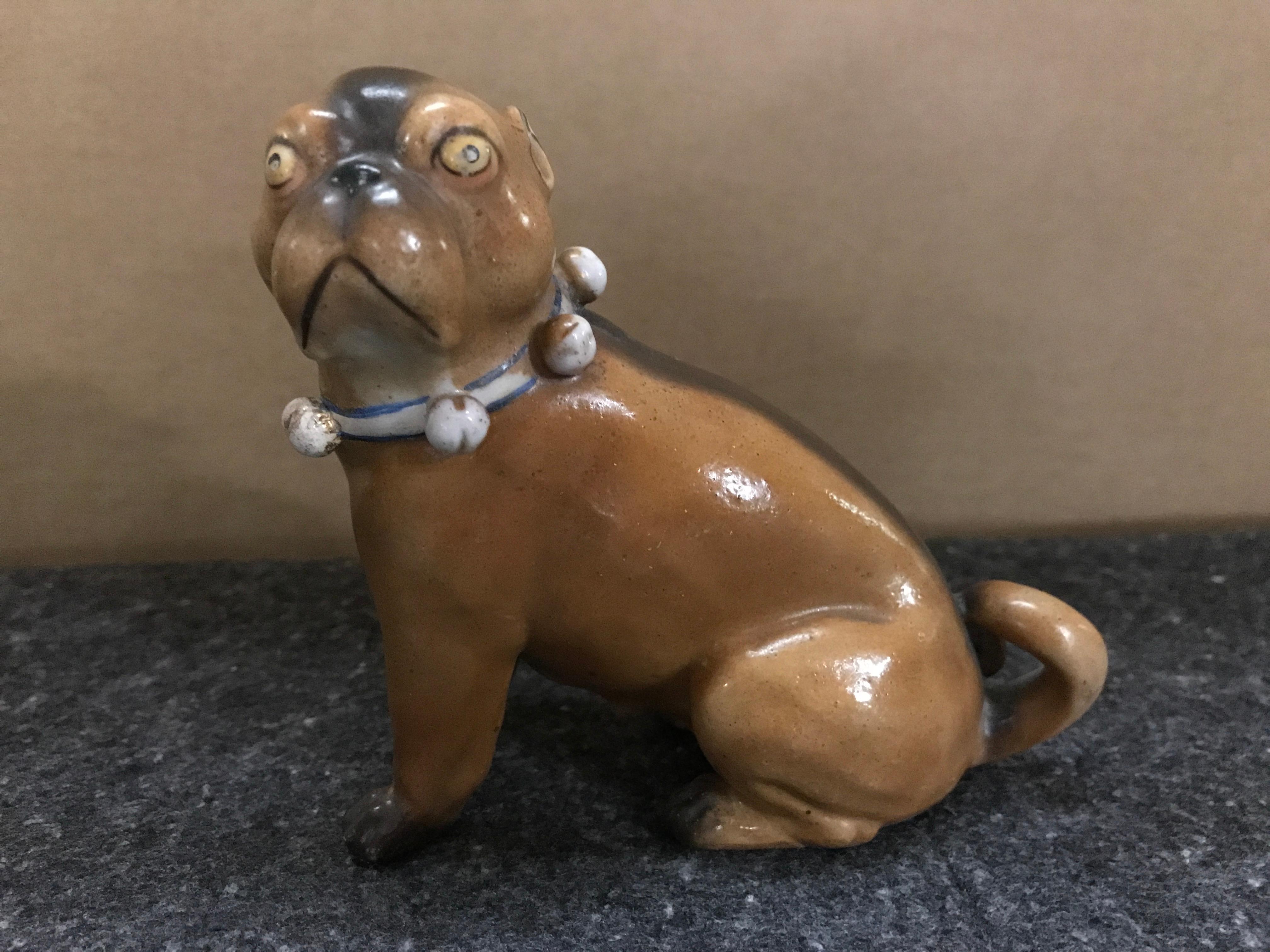Hand-Painted Pair of Antique German Porcelain Pug Dogs For Sale