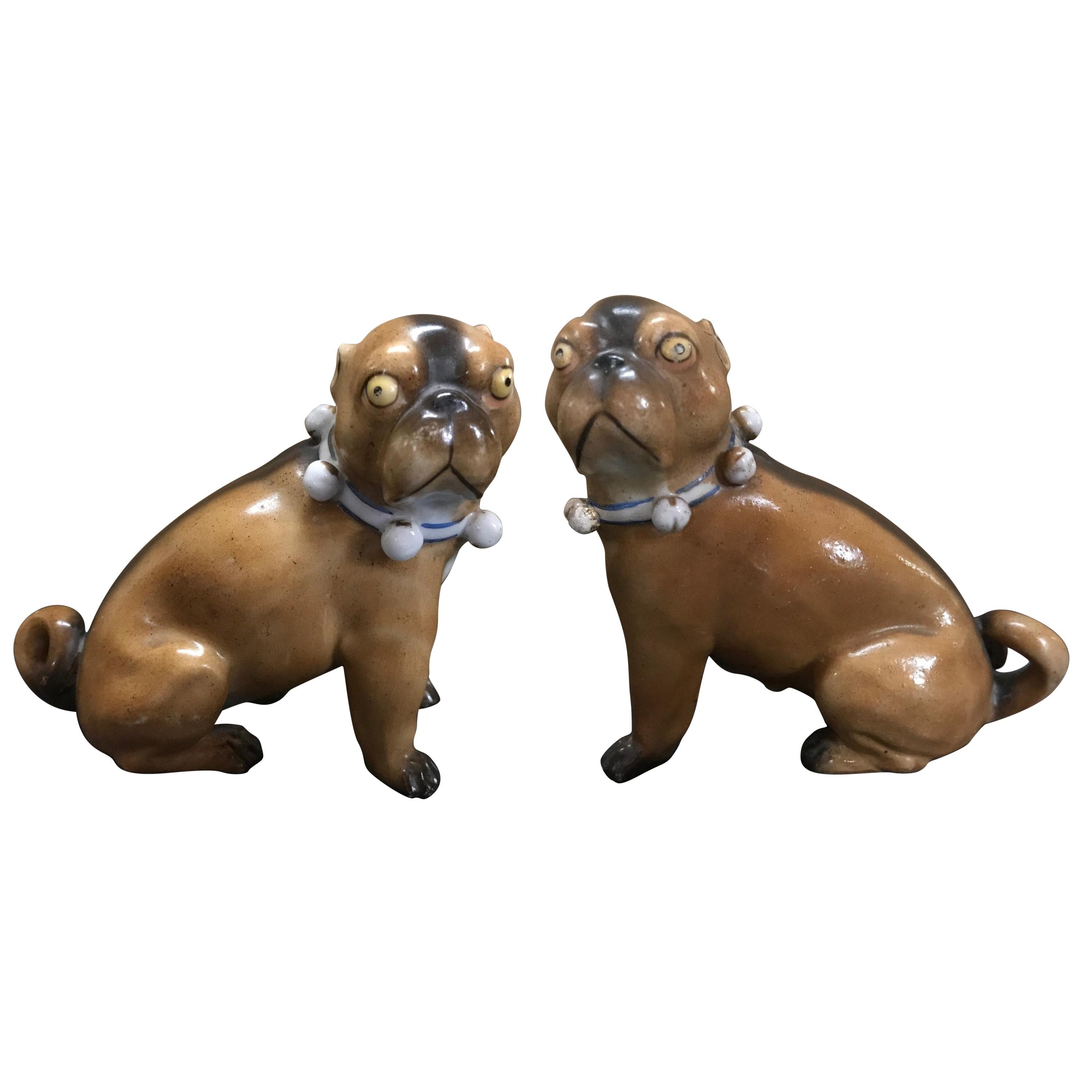 Pair of Antique German Porcelain Pug Dogs For Sale