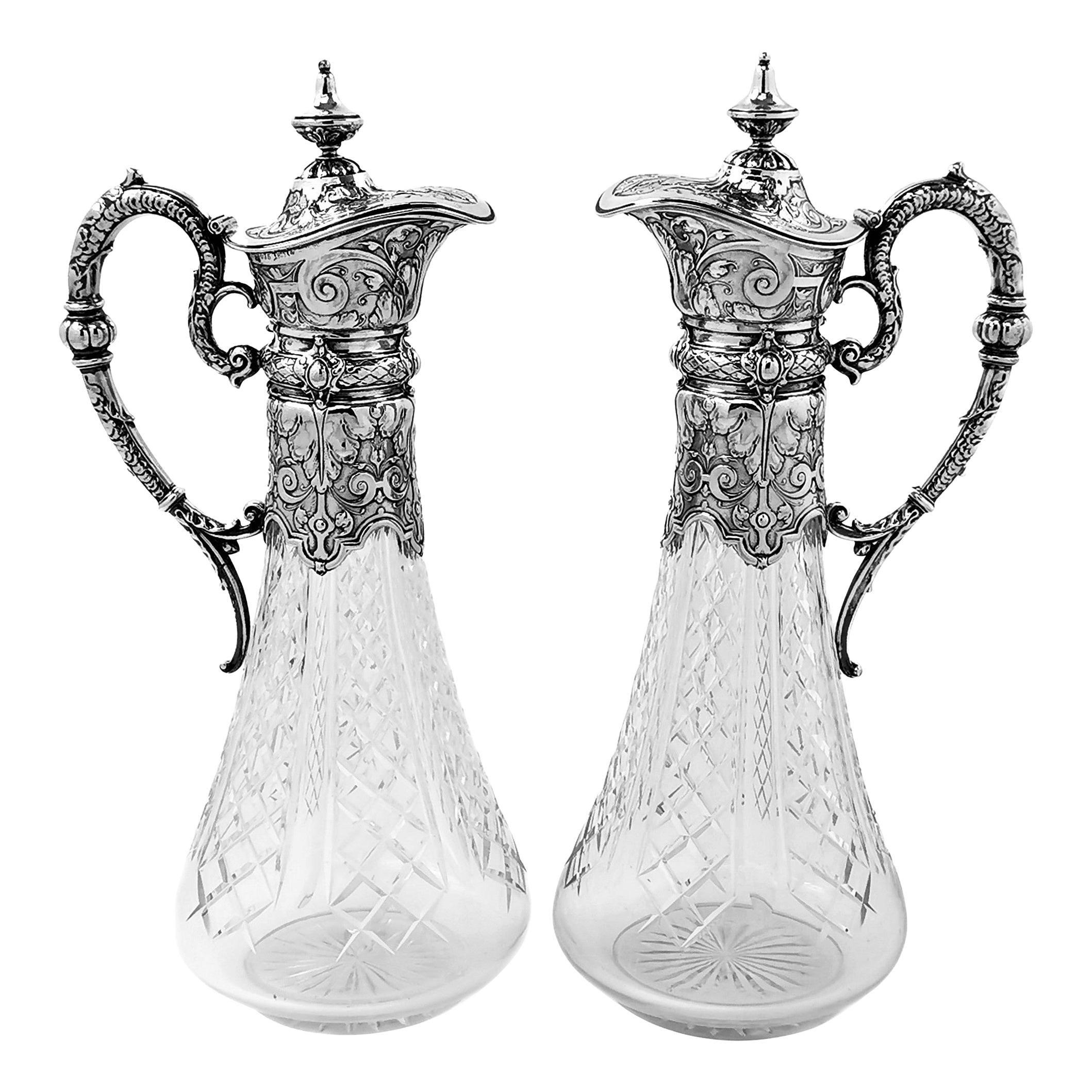 Pair of Antique German Silver and Cut Glass Claret Jugs Wine Decanters c 1890