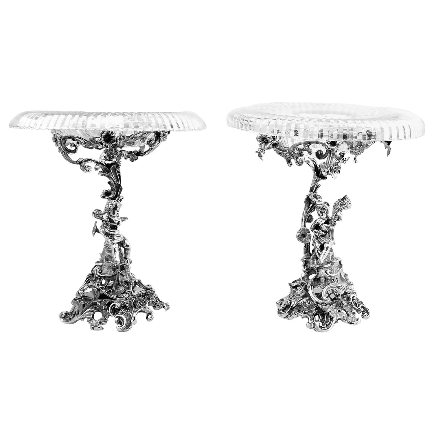 Pair of Antique German Silver and Glass Comports Centrepiece Bowls circa 1870